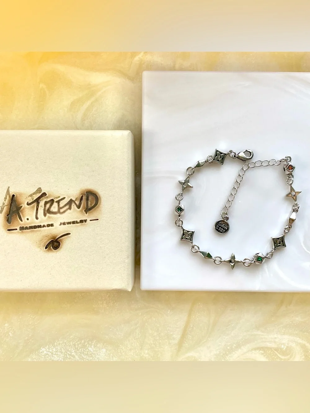 Sterling Silver Star & Square Charm Bracelet with Multicolored Stones